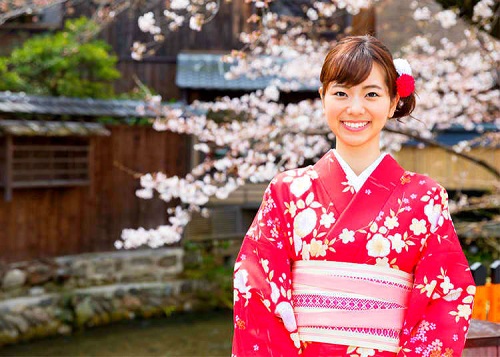 Chụp ảnh bên cạnh hoa anh đào trong bộ kimono truyền thống là một trải nghiệm thú vị ở Nhật Bản. Ảnh: Live Japan.