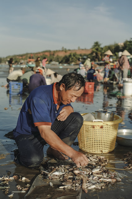 Bước xuống một đoạn bậc tam cấp, bạn sẽ “rơi” vào khu chợ cá. Đây là nơi người dân địa phương tiến hành thả lưới mỗi sáng cũng như thu mua những con ghẹ, tôm, cá tươi từ những thuyền thúng vừa đánh bắt mang vào. Khung cảnh mua bán tấp nập ở đây cứ tiếp diễn ngày này tháng nọ như một vòng tuần hoàn.