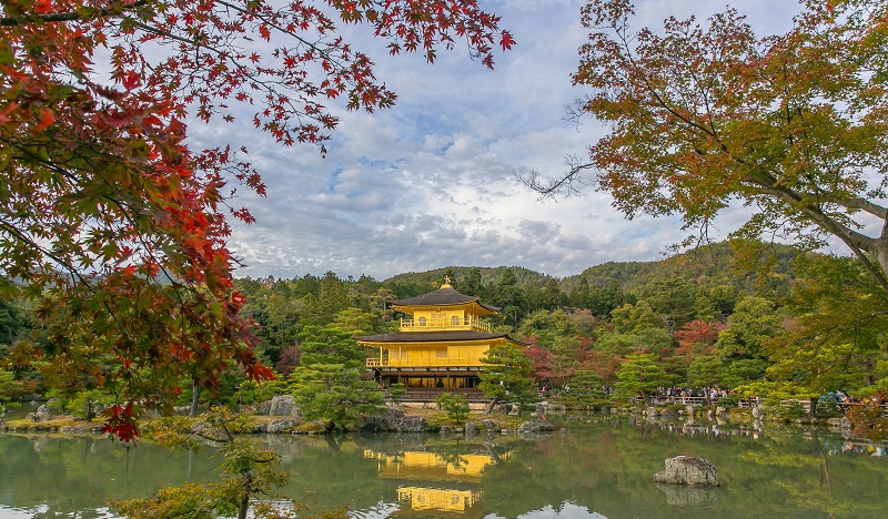 Chùa Vàng Kinkaku-ji - một trong những điểm dừng chân thú vị mà hầu như không du khách nào có thể bỏ qua khi đến du lịch Nhật Bản mùa thu. Vào những ngày thu nắng đẹp, màu vàng óng ả của ngôi chùa đổ bóng xuống mặt nước ngọc bích tạo nên bức tranh phong thủy tuyệt đẹp.